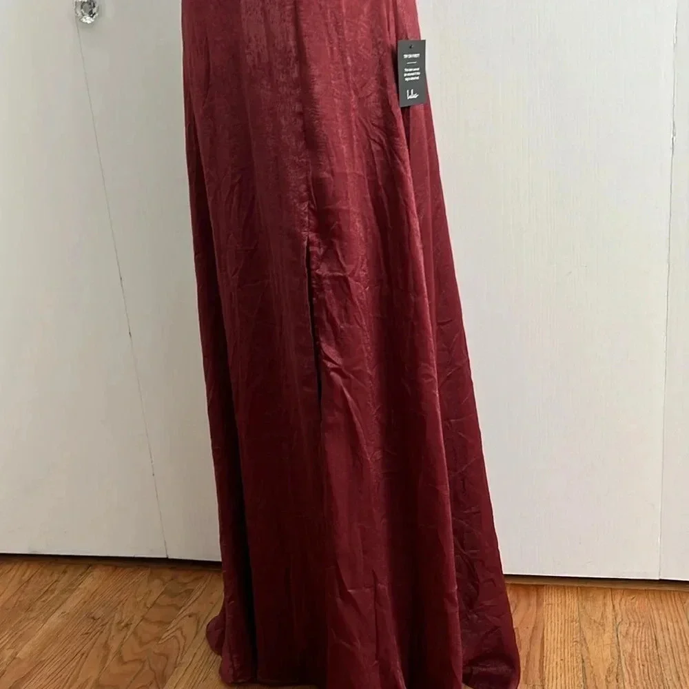 Lulu's Constantine Burgundy Satin Maxi Dress Sexy Formal Long Size S NWT - Picture 9 of 16